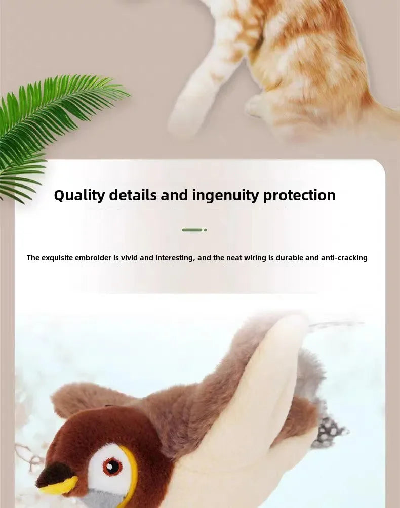 Interactive Pet Bird Toy Flapping Wings (with Catnip) USB-Rechargeable Touch-Activated Squeaky Plush Toy Flying Bird For Indoor