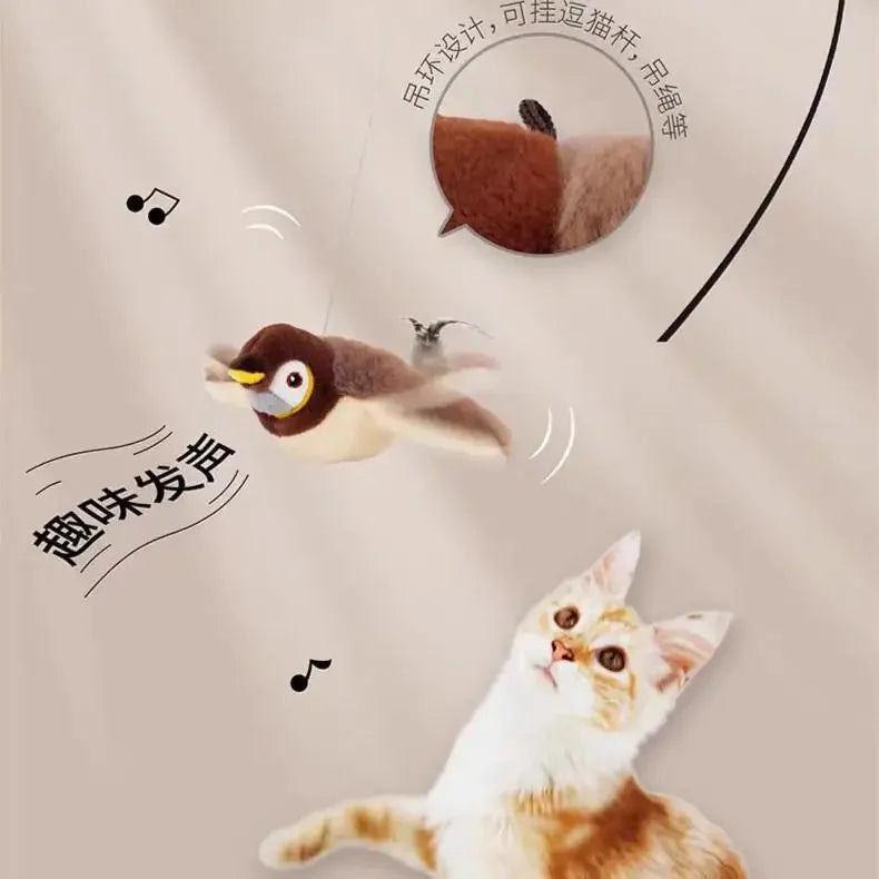Interactive Pet Bird Toy Flapping Wings (with Catnip) USB-Rechargeable Touch-Activated Squeaky Plush Toy Flying Bird For Indoor