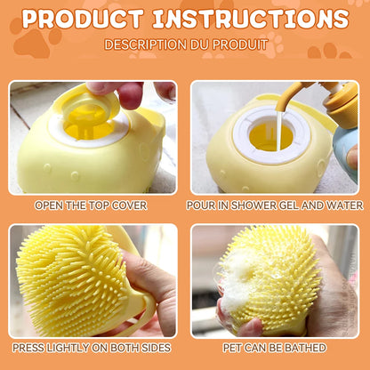 Silicone Dog Bath Brush with Shampoo Dispenser – Soft Massage Scrubber for Dogs & Cats