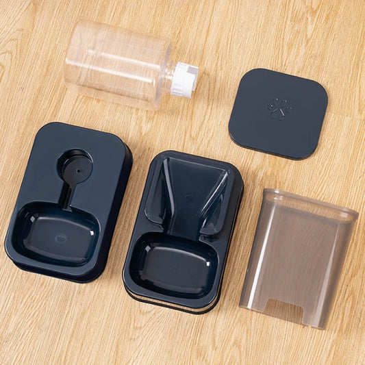 Gravity Pet Feeder & Water Drinker — Disassembled food container, bottle, bowls and lids