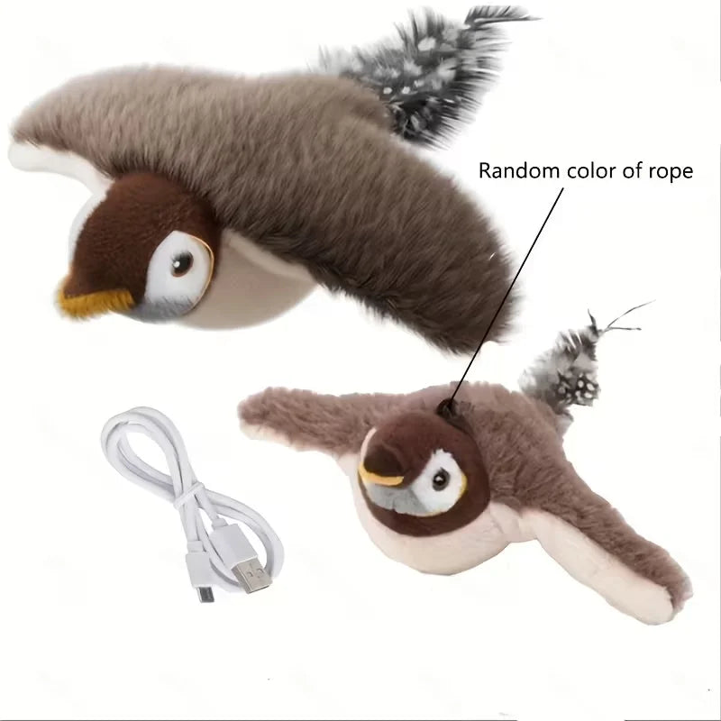 Interactive Pet Bird Toy Flapping Wings (with Catnip) USB-Rechargeable Touch-Activated Squeaky Plush Toy Flying Bird For Indoor