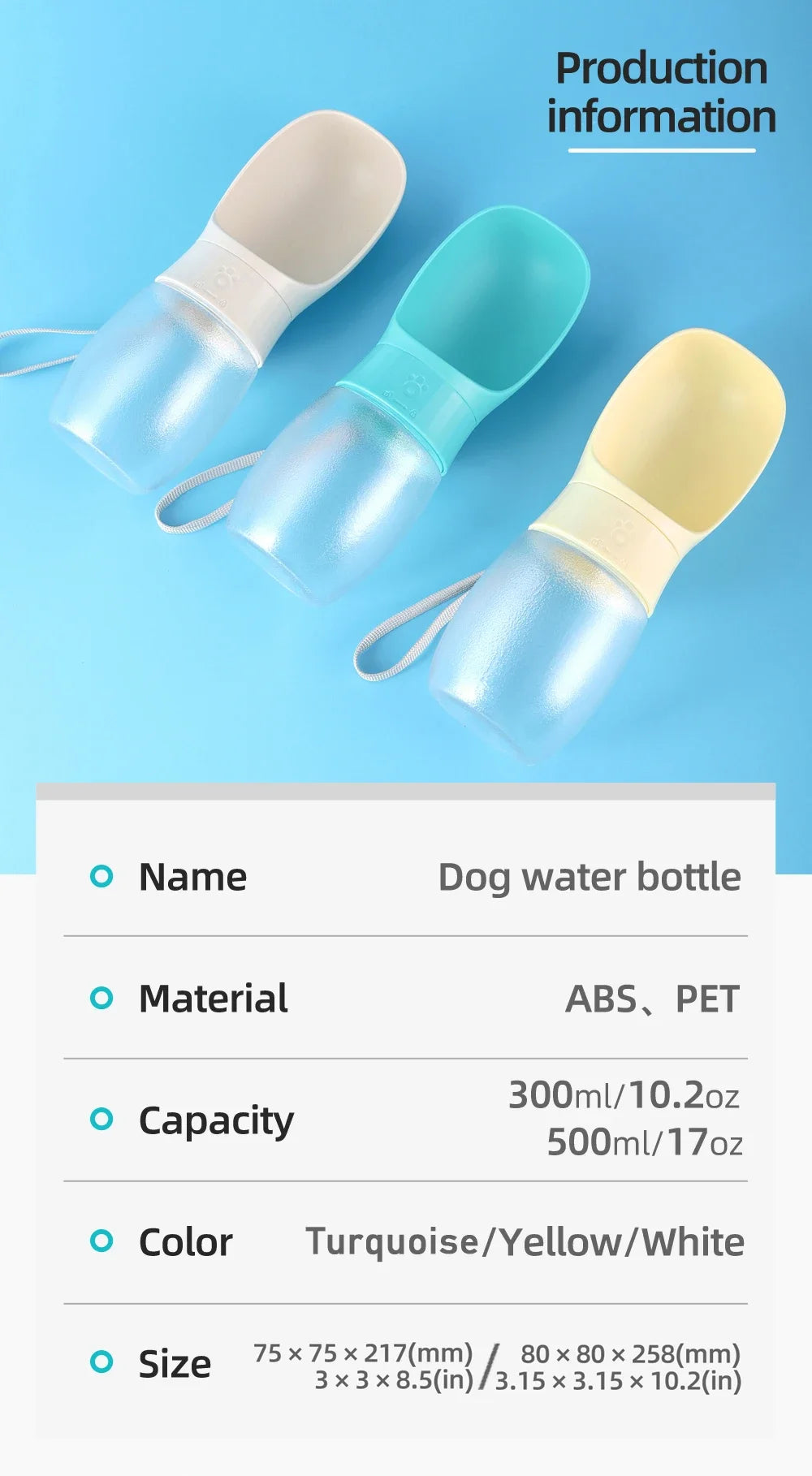 300/500ml Portable Pet Water Bottle, Outdoor Travel Drinking Cup Dispenser for Puppies Small Large Dogs Cats Labrador