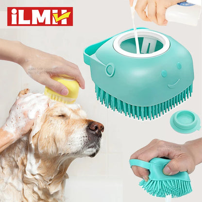 Silicone Dog Bath Brush with Shampoo Dispenser – Soft Massage Scrubber for Dogs & Cats