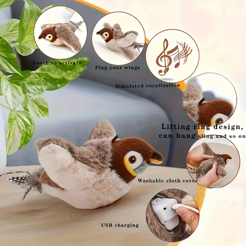 Interactive Pet Bird Toy Flapping Wings (with Catnip) USB-Rechargeable Touch-Activated Squeaky Plush Toy Flying Bird For Indoor