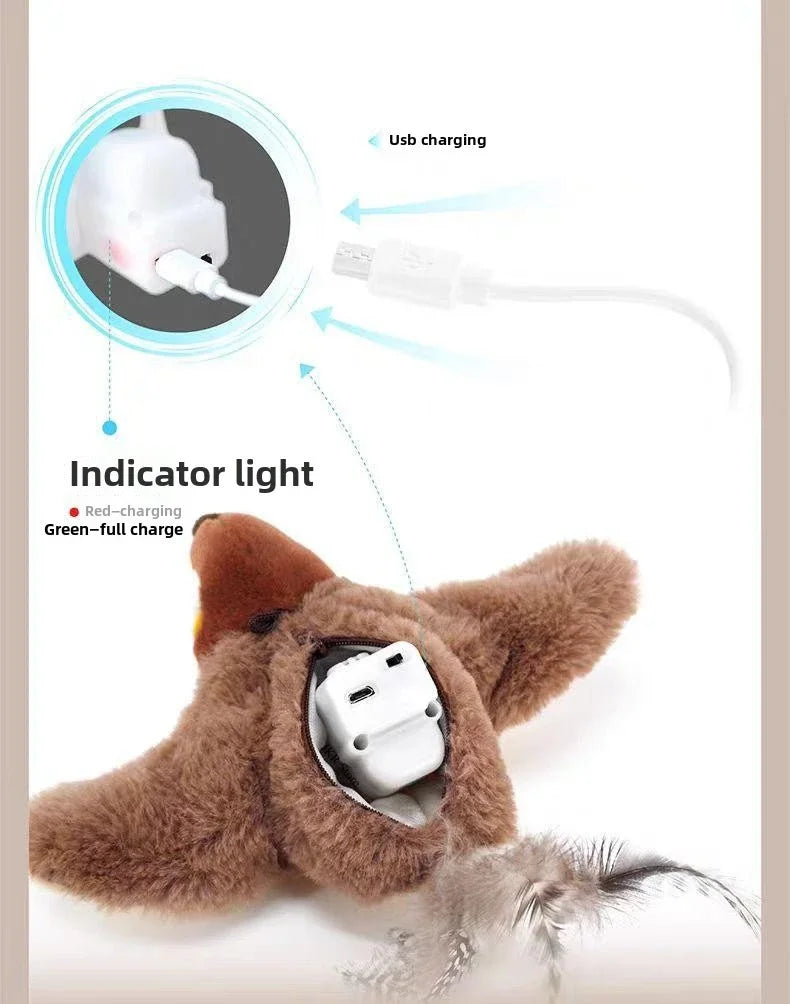 Interactive Pet Bird Toy Flapping Wings (with Catnip) USB-Rechargeable Touch-Activated Squeaky Plush Toy Flying Bird For Indoor