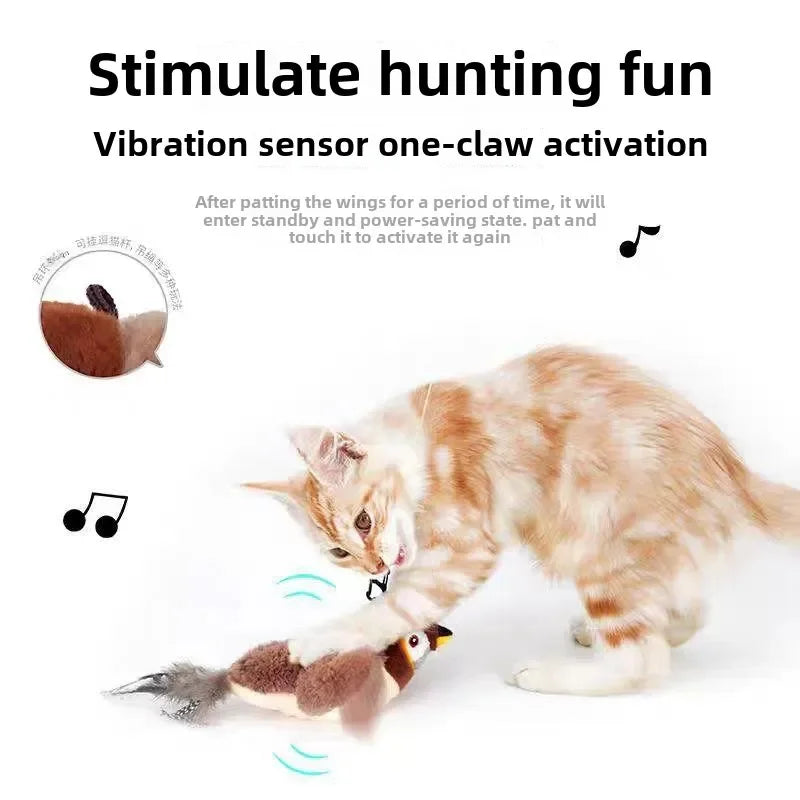 Interactive Pet Bird Toy Flapping Wings (with Catnip) USB-Rechargeable Touch-Activated Squeaky Plush Toy Flying Bird For Indoor